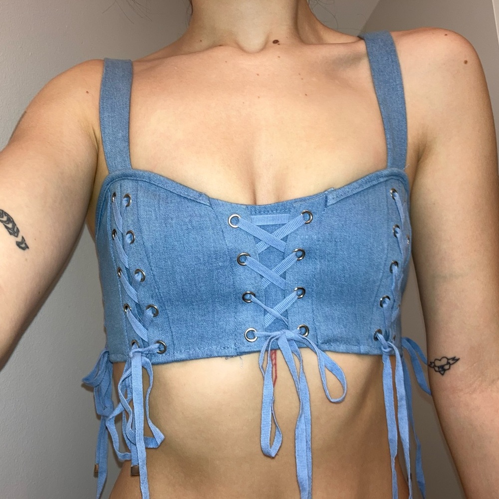Lace up denim top